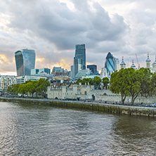 Twinlight cityscape of City of London and Thames River, England, United Kingdom